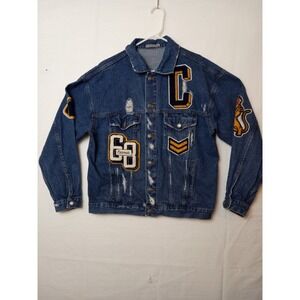 Carmar Denim Jacket‎ Womens Small Blue Distressed Patch Varsity Letterman Lion